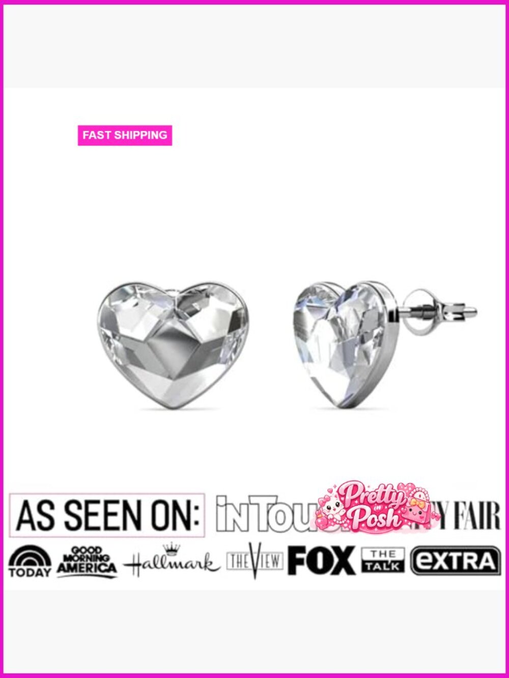 18k White Gold-Plated Heart Stud Earrings with Simulated Diamond Crystals - Picture 3 of 7
